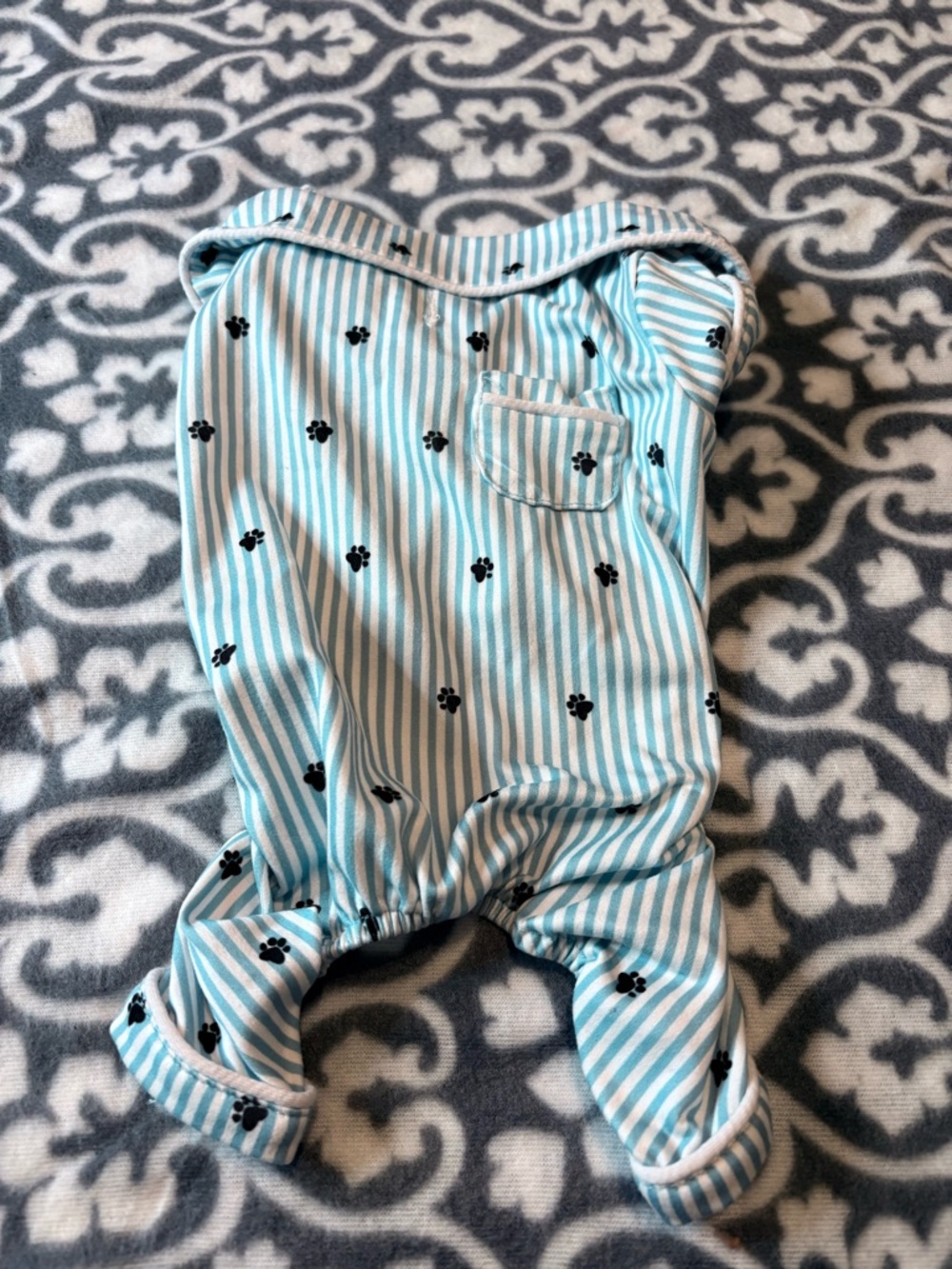 Striped Paw-Print Pet Onesie in Light Blue and White